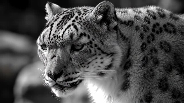 Close-up monochrome image of a majestic snow leopard's head and shoulders, showcasing intricate patterns and a focused gaze.
