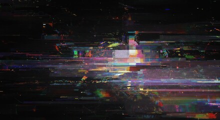 Abstract digital glitch art with distorted lines and vibrant colors on black.