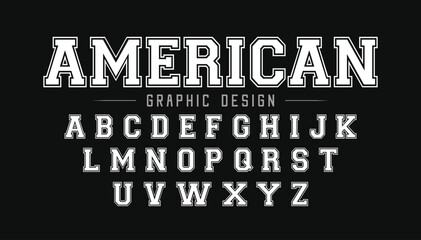 American college classic font. Vintage sports font in American style for T-shirt designs for football, baseball, and basketball teams. College, school and varsity style font, tackle twill. Vector
