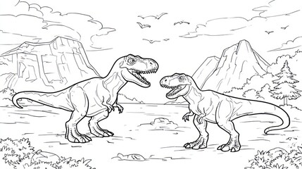 Two dinosaurs in a landscape, ready to be colored