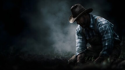 Fototapeta premium Weathered farmer kneeling in field inspecting crop roots