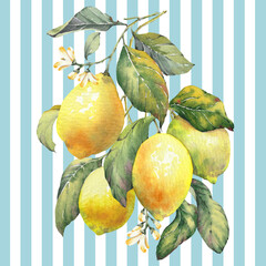 Lemon fruit branch on a classic blue striped background. Inspired by the timeless Mediterranean aesthetic of the Amalfi Coast. Perfect for summer-themed prints, packaging, textiles, kitchen decor, and