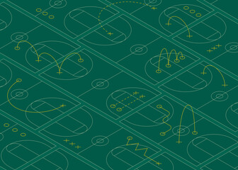 Isometric Basketball Court Vector Pattern. Seamless background with basketball courts and strategy lines, representing game tactics and player movements. Ideal for basketball and sports themes.
