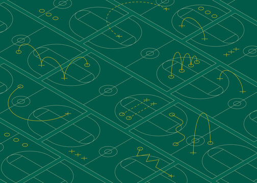 Isometric Basketball Court Vector Pattern. Seamless background with basketball courts and strategy lines, representing game tactics and player movements. Ideal for basketball and sports themes.