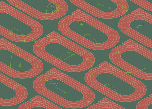 sometric Athletics Track Vector Pattern. Seamless background with running tracks and strategy lines, representing race paths and athletic movements. Ideal for running and sports themes.
