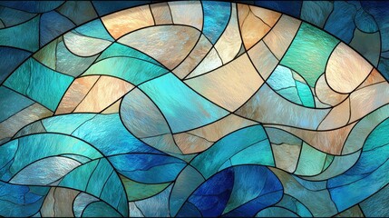 Abstract stained glass artistry depicting waves. Blues, greens, and tan coalesce in a sea of color, separated by dark lines in a lovely pattern.