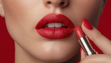 Close-up of lips being applied with vibrant red lipstick, matched perfectly with glossy red nails. Ideal for cosmetics branding, beauty tutorials, editorial campaigns, and product advertising