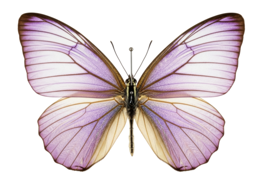 A large entomological specimen butterfly with pinned pale violet translucent wings and shimmering silver veins on a transparent background, soft studio light. Concept of delicate biological study