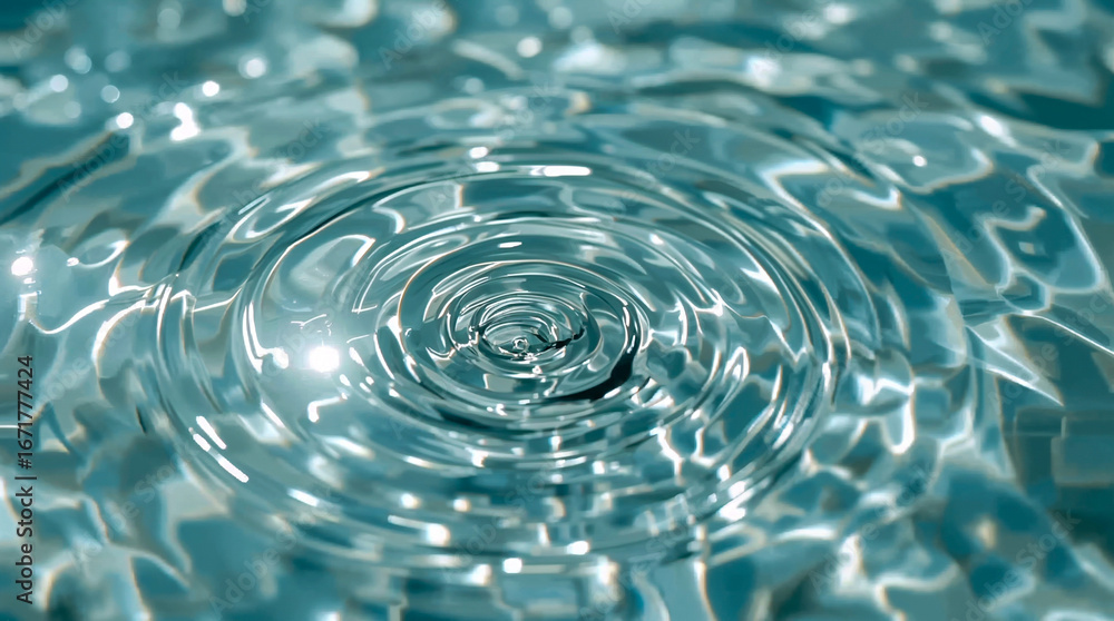 Poster Close-up of turquoise water with concentric ripples, reflecting light in shimmering patterns. A gentle ripple effect creates a soothing visual.