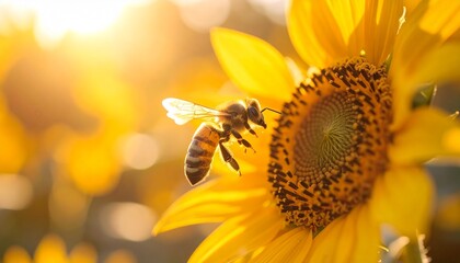 Honeybee Hovering Near Vibrant Yellow Sunflower in Golden Sunlight