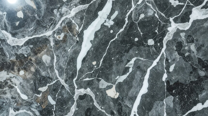A close-up shot of a dark grey marble surface with striking white veins and subtle lighter grey and brown patches, creating a natural, abstract pattern.