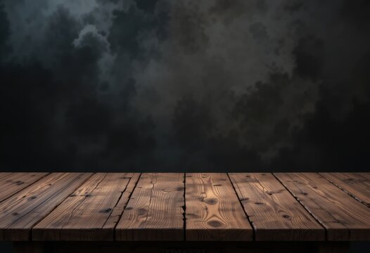 Mesa de madera r&uacute;stica con fondo ahumado oscuro, textura marr&oacute;n vintage, elemento de dise&ntilde;o abstracto, perfecta para presentaci&oacute;n de productos o bodegones