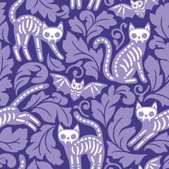 Fototapeta premium Seamless vector pattern with Halloween black cat skeletons. Hand drawn spooky cat damask. EPS 10 vector file. Perfect for textile, wallpaper or print design.