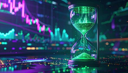 Hourglass with Green Sand and Stock Market Chart in Neon Cyberpunk Style
