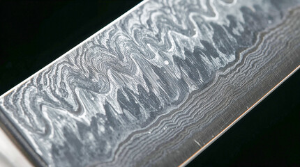Close-up macro shot of a Damascus steel knife blade showcasing intricate, swirling patterns of folded metal, highlighting craftsmanship and sharp edge.