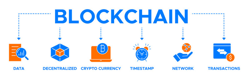 Blockchain banner web icon set. concept with icon of data, decentralized, crypto currency, timestamp, network and transactions.