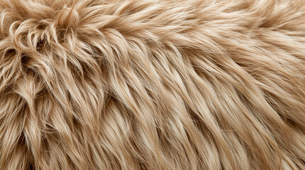 Fototapeta premium A close-up shot of a textured, fluffy, and soft beige faux fur material, showcasing its fine strands and subtle highlights.
