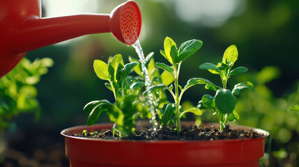 Watering plants with red watering can, nurturing green seedlings in pot, showcasing growth and vitality in garden setting