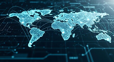 Global technology network: A digital world map with interconnected data points and communication lines.