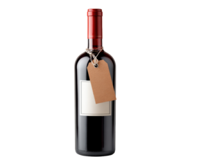 Elegant red wine bottle with blank label for custom branding on a transparent background, cut out.