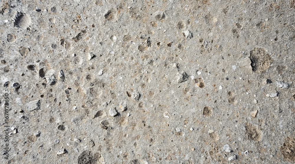 Poster close-up view of a rough, grey concrete surface with visible aggregate and small pits. the texture i