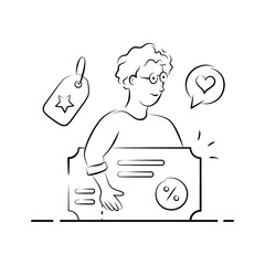 A hand drawn style illustration of a person holding a discount voucher.
