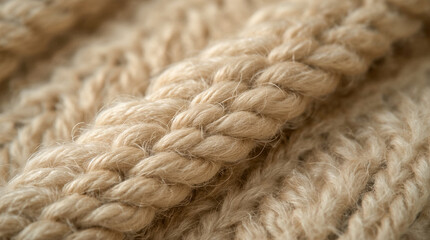 Close-up macro shot of thick, beige yarn knitted into a cable pattern. The textured fibers and detailed weave create a sense of warmth and comfort.