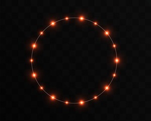 Circle round LED Red garland. PNG. . Vector illustration on a transparent background. Suitable for use in advertising invitations, web banners and cards. Overlay light effect