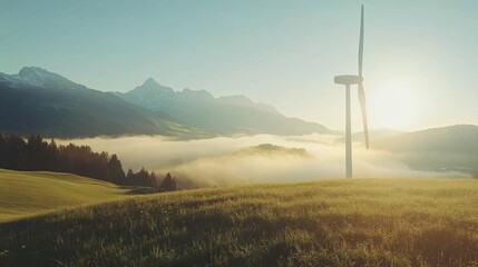 Sunrise over alpine meadow, wind turbine