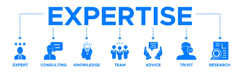 Obraz premium Expertise banner website icon vector illustration concept representing high-level knowledge and experience with an icon of expert, consulting, knowledge, team, advice, trust, and research