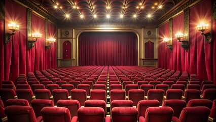 An empty vintage theater with red velvet seats and curtains, illuminated by ornate lamps, ready for a grand performance and a night of unforgettable entertainment