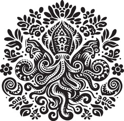 Ornate Folk Art Octopus Illustration with Floral Elements in Black and White