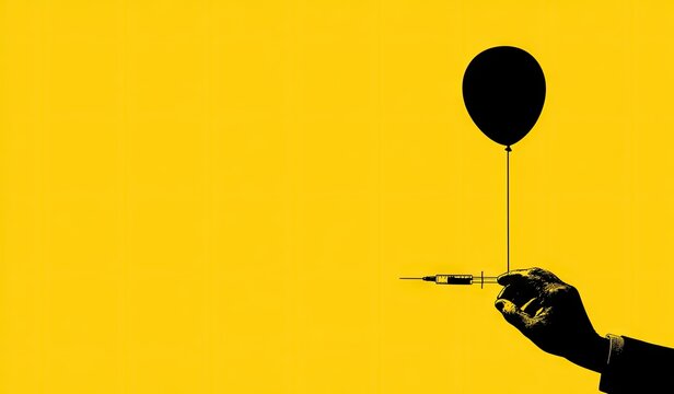 Hand holding syringe connected to a balloon against yellow background