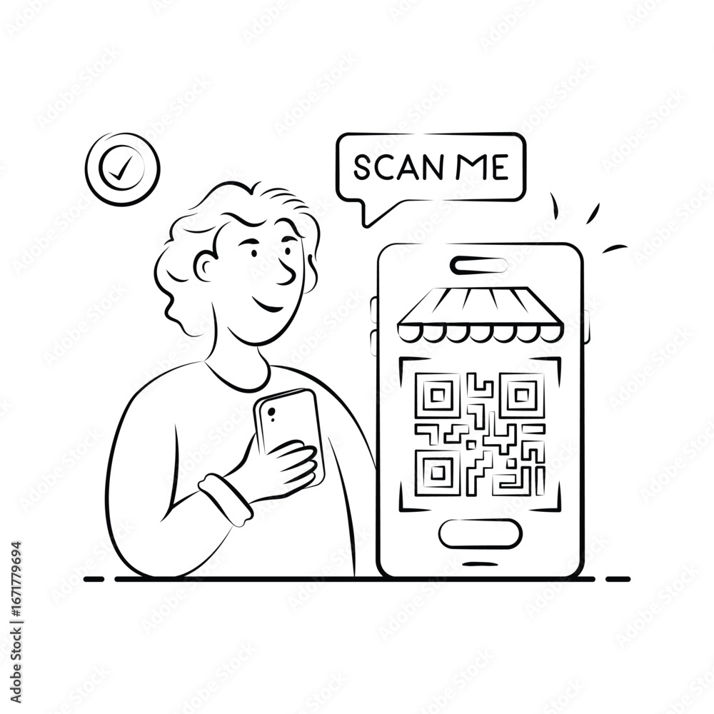 Wall mural illustration of a person using a smartphone to scan a qr code