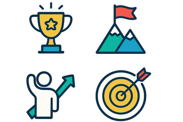 Success matrix icons including trophy, mountains, target, and achievement