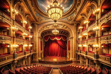 Obraz premium A grand vintage theater interior with red curtains, ornate gold decorations, and a magnificent chandelier, ready for a captivating performance and unforgettable show