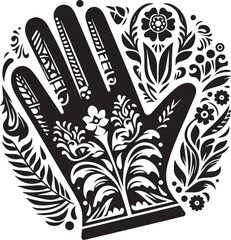 Intricate floral pattern glove illustration in black and white folk style art