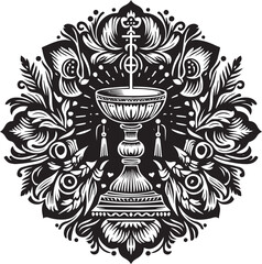 Decorative eucharistic adoration chalice folk art emblem floral black and white