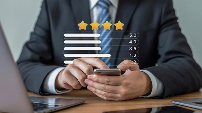 Person in suit using smartphone with star rating and progress bars business - Powered by Adobe