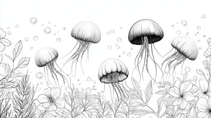 Simple coloring page featuring jellyfish surrounded by aquatic plants and bubbles, creating serene underwater scene