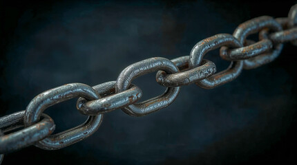 Obraz premium A close-up, detailed shot of a heavy, metallic chain links against a dark, blurred background. The texture of the metal is visible, suggesting strength and durability.