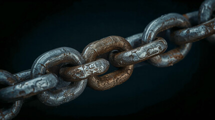 Fototapeta premium Close-up of a heavy, weathered metal chain with links showing signs of rust and wear, set against a dark, textured background.