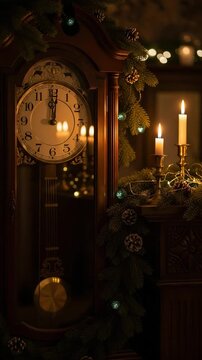 Vintage wooden grandfather pendulum clock decorated with Christmas evergreen branches pine cones ornaments and warm candlelight holiday atmosphere