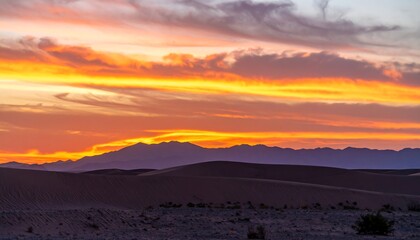 Obraz premium Vibrant sunset hues paint the sky above a desert landscape, silhouetting distant mountains