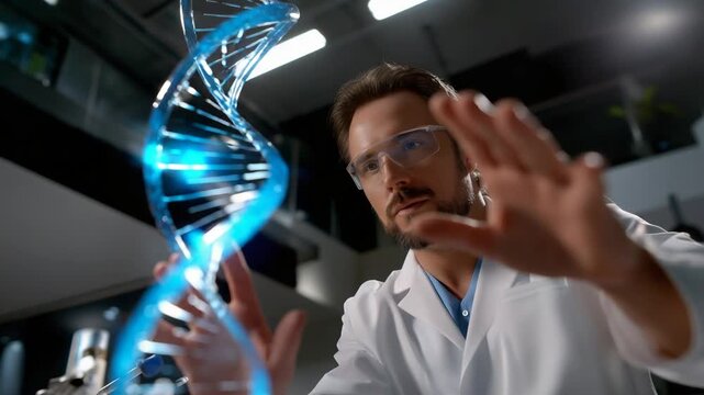 Doctor controlling holographic elixir with hand gestures, medical innovation