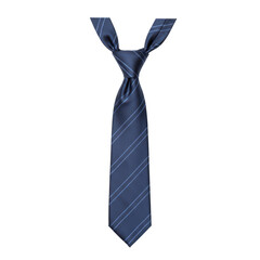 Navy blue silk tie with subtle light blue stripes, knotted, isolated on white background