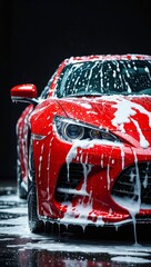 Red modern car in foam on a car wash on a black background with copy space.