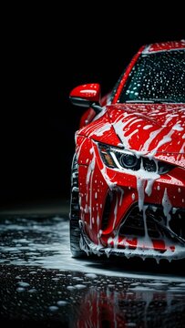 Red modern car in foam on a car wash on a black background with copy space.