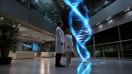 Futuristic Clinic with Doctor and Patient in DNA Visualization - Powered by Adobe