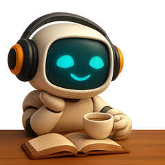 Adorable 3D cartoon futuristic white robot character, resting head on paw, half-closed dreamy eyes, lying on a desk next to an open book